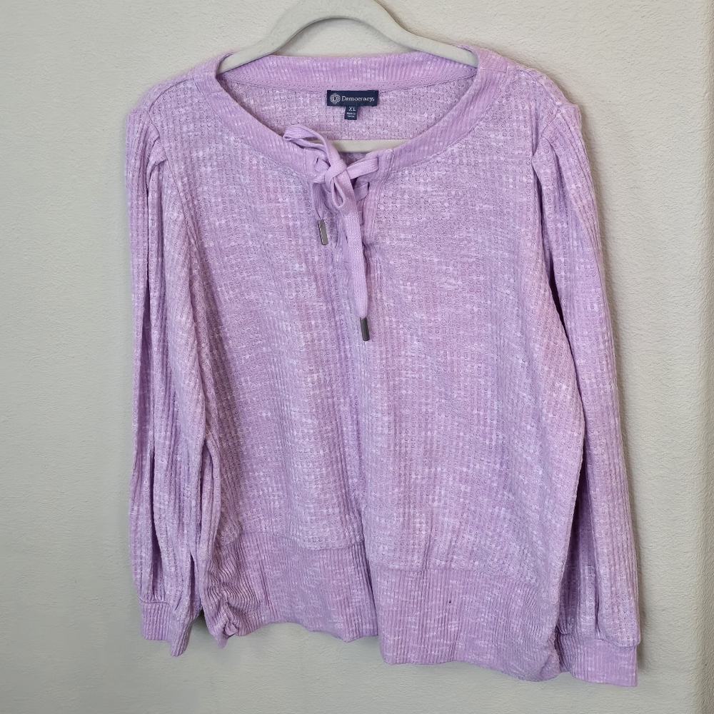 Democracy Lavender Purple Waffle Knit Pullover Sweater Top Drawstring  Womens XL - Picture 15 of 16